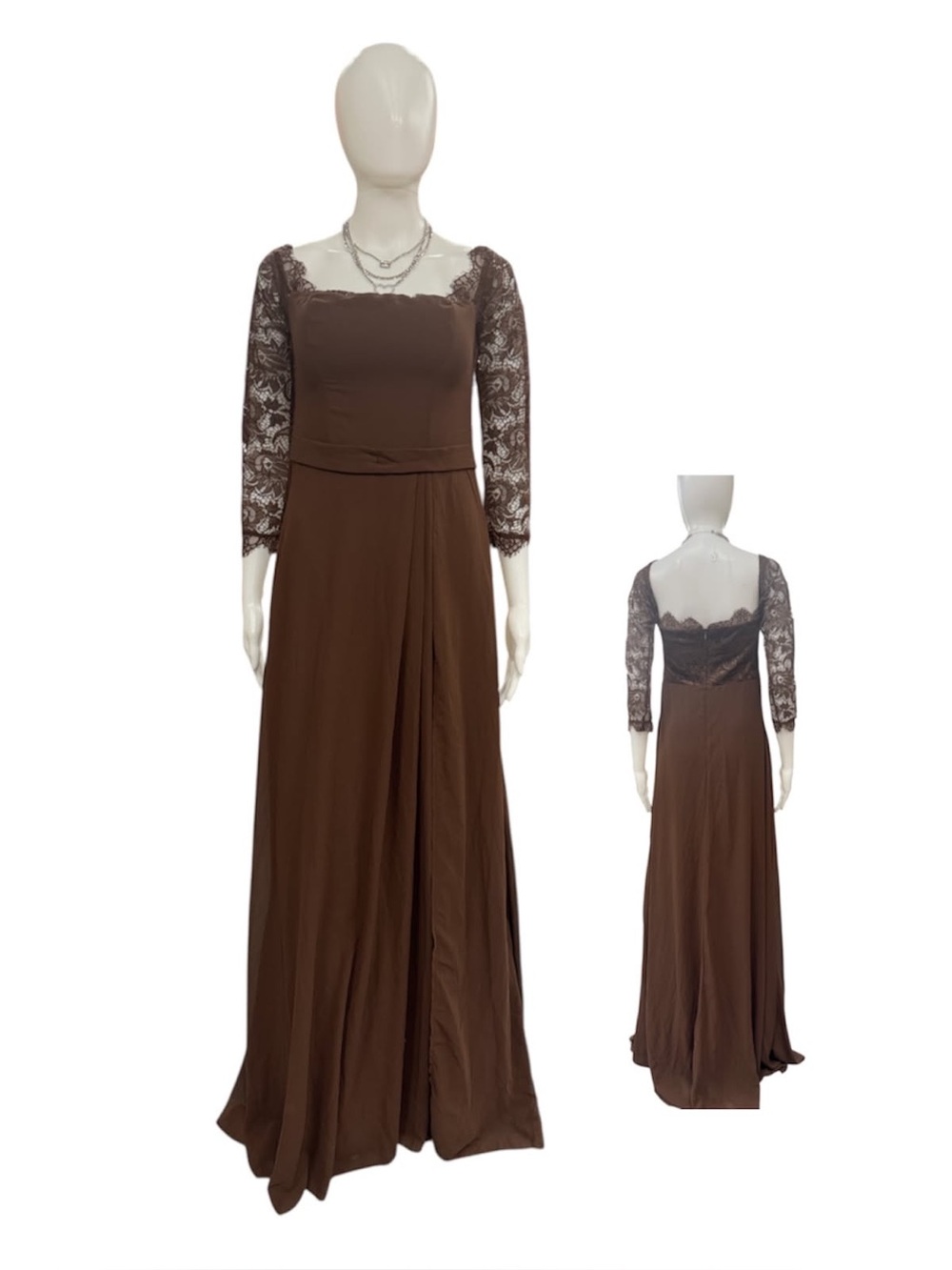 Elegant Brown Lace Sleeve Evening Gown Size XS